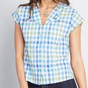 NWT ModCloth Emily and Fin Plaid Sky Cotton Top